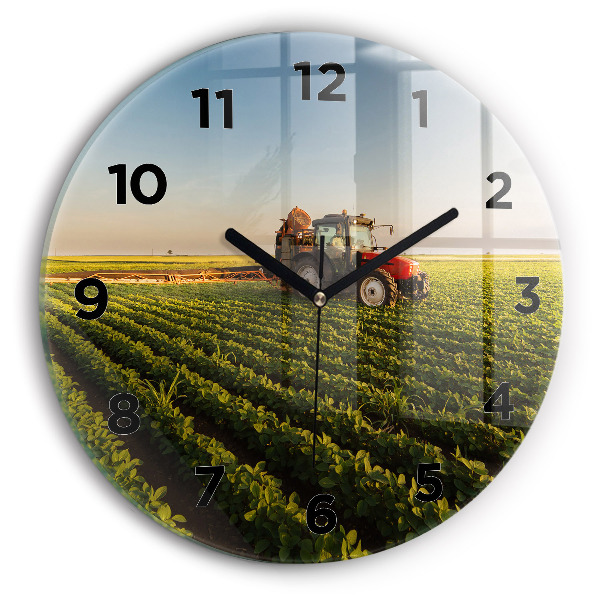 Ceas rotund de perete din sticlă Tractor într-un câmp agricol