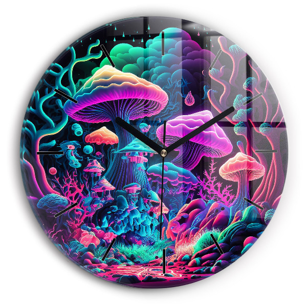 Ceas rotund de perete din sticlă Ciuperci neon