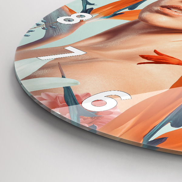 Ceas rotund de perete din sticlă Femeie cu flori