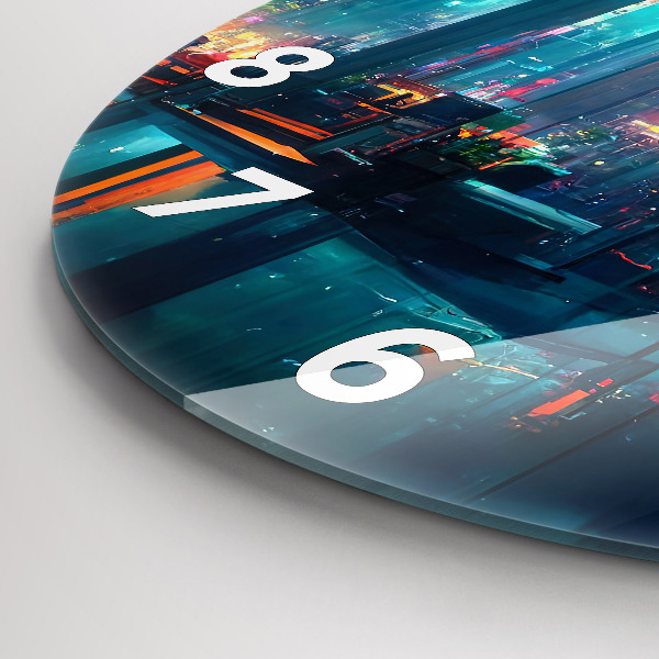 Ceas rotund de perete din sticlă Un oraș în stil cyberpunk