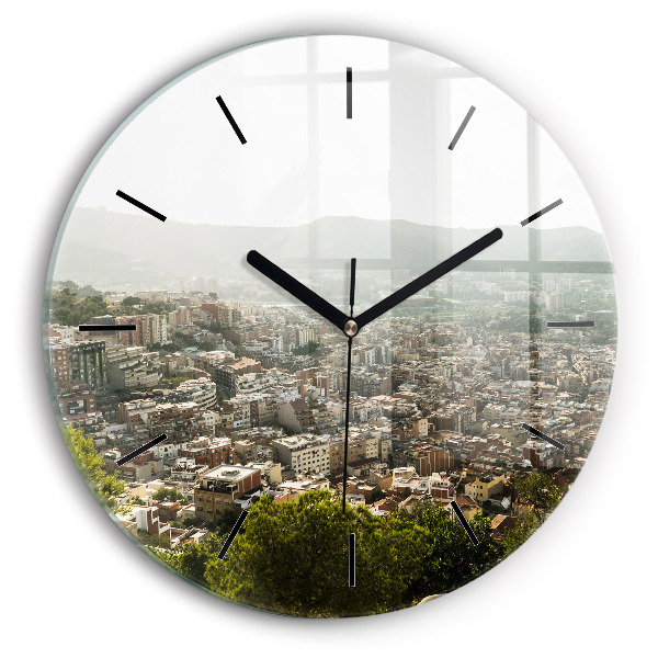 Ceas rotund de perete din sticlă Vedere Barcelona asupra Montjuic