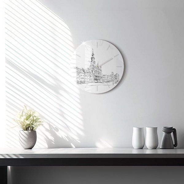 Ceas rotund de perete din sticlă Schiță a orașului vechi Poznań