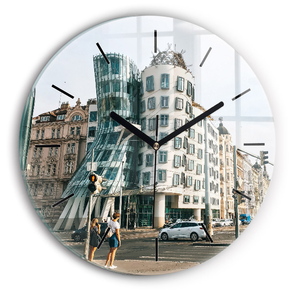 Ceas rotund de perete din sticlă Casa de dans Praga