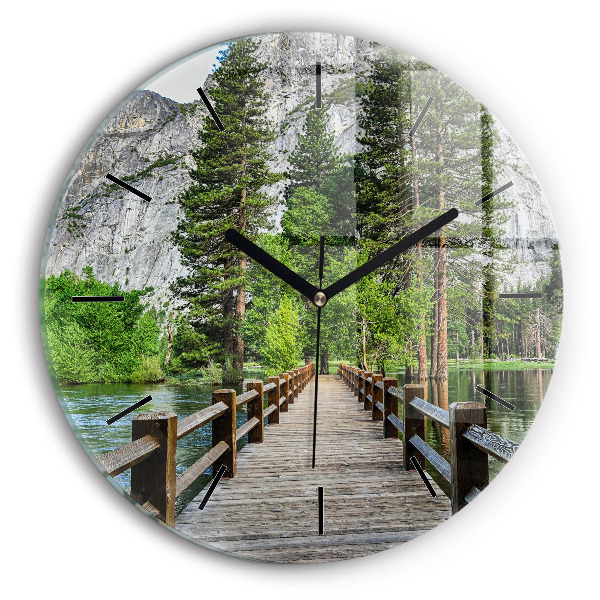 Ceas rotund de perete din sticlă Pod de lemn Yosemite