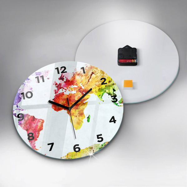 Ceas rotund de perete din sticlă Harta lumii acuarela