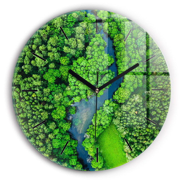 Ceas rotund de perete din sticlă Râu în pădure