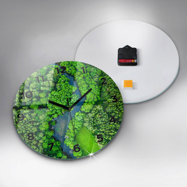 Ceas rotund de perete din sticlă Râu în pădure