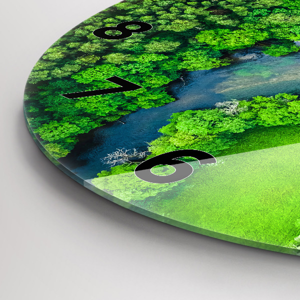 Ceas rotund de perete din sticlă Râu în pădure