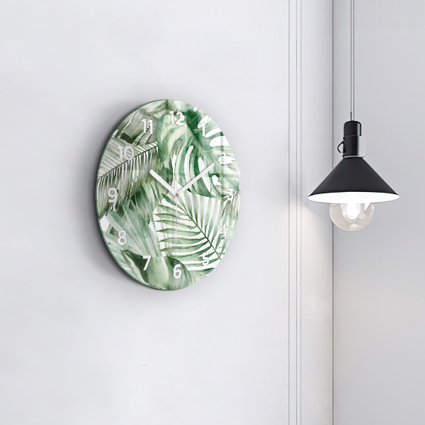 Ceas rotund de perete din sticlă Frunze de plante pictate