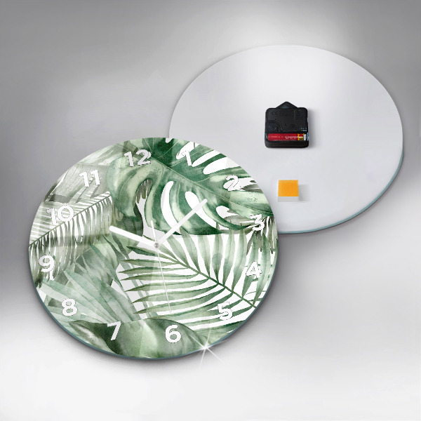 Ceas rotund de perete din sticlă Frunze de plante pictate