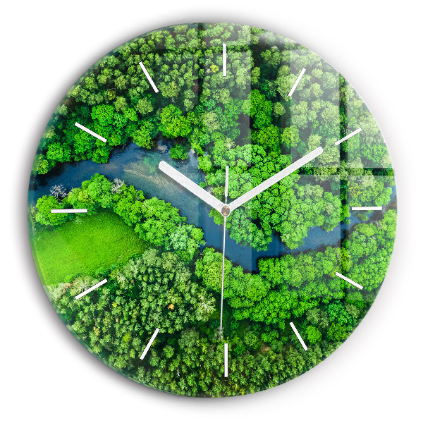Ceas rotund de perete din sticlă Râu în pădure