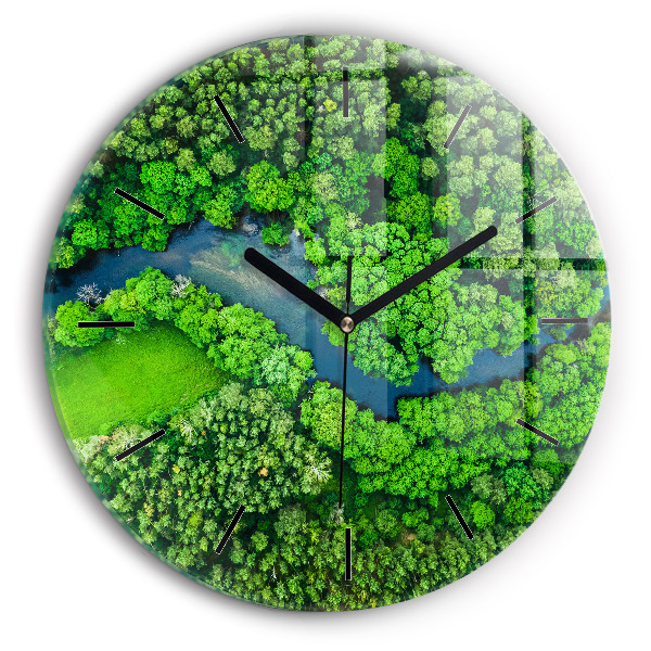 Ceas rotund de perete din sticlă Râu în pădure