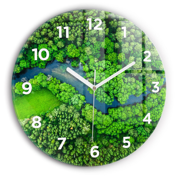 Ceas rotund de perete din sticlă Râu în pădure