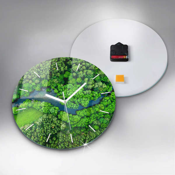 Ceas rotund de perete din sticlă Râu în pădure