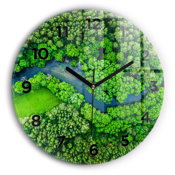 Ceas rotund de perete din sticlă Râu în pădure
