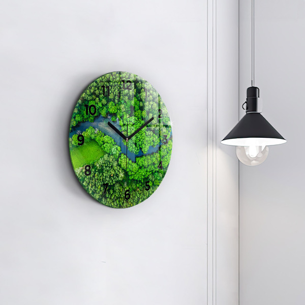 Ceas rotund de perete din sticlă Râu în pădure