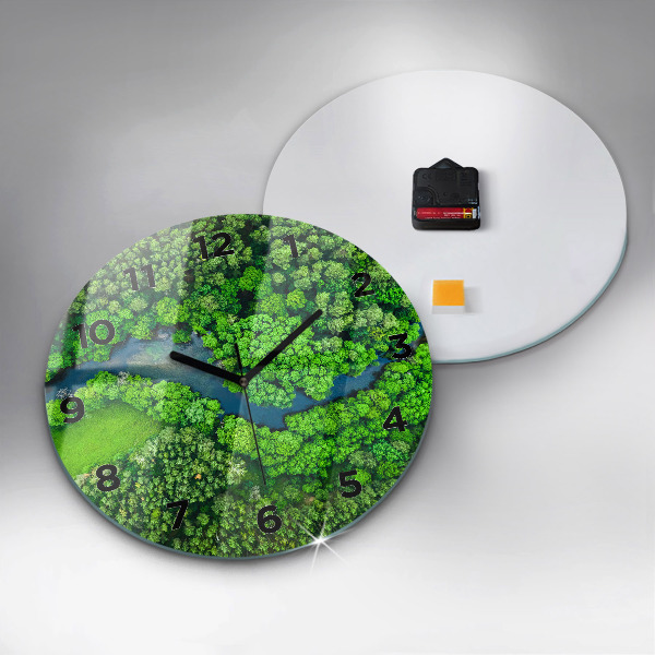 Ceas rotund de perete din sticlă Râu în pădure
