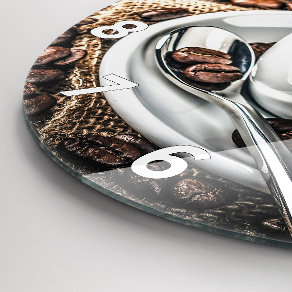 Ceas rotund de perete din sticlă ceașcă și boabe de cafea