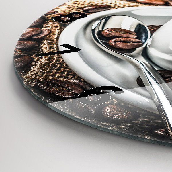 Ceas rotund de perete din sticlă ceașcă și boabe de cafea